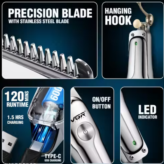 VGR V-071 Professional Trimmer 120 min Runtime 4 Length Settings  (Silver)