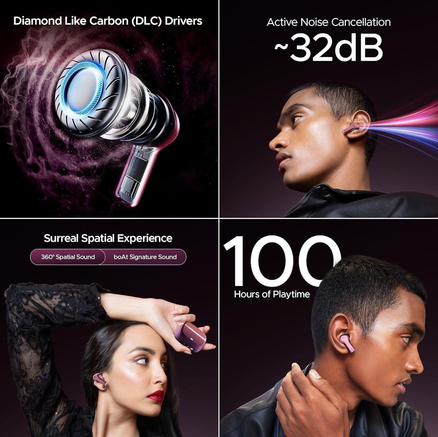 boAt Nirvana Space, 360 Spatial Audio, Active Noise Cancellation (~32dB), 100Hrs Battery,4Mics ENx, Fast Charge, v5.3 Bluetooth TWS in Ear Earbuds Wireless Earphones with mic (Pink Punch)