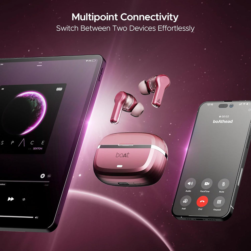 boAt Nirvana Space, 360 Spatial Audio, Active Noise Cancellation (~32dB), 100Hrs Battery,4Mics ENx, Fast Charge, v5.3 Bluetooth TWS in Ear Earbuds Wireless Earphones with mic (Pink Punch)