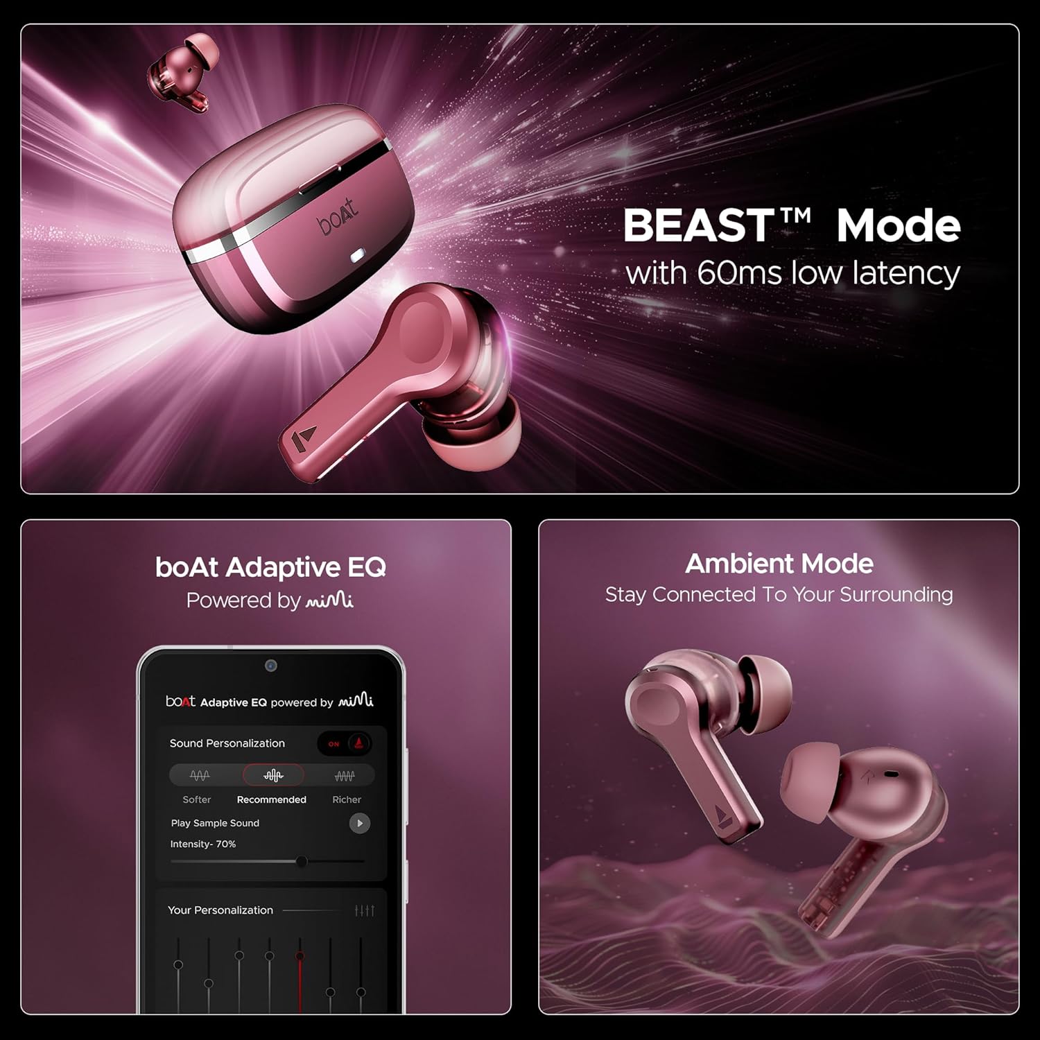 boAt Nirvana Space, 360 Spatial Audio, Active Noise Cancellation (~32dB), 100Hrs Battery,4Mics ENx, Fast Charge, v5.3 Bluetooth TWS in Ear Earbuds Wireless Earphones with mic (Pink Punch)