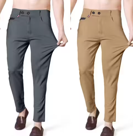 Grey and Khaki Color Stretchable Back Pocket Tapered Fit Stylish Men's Casual Pants - Latest, Light Weight, and Night Wear. Pack of 2