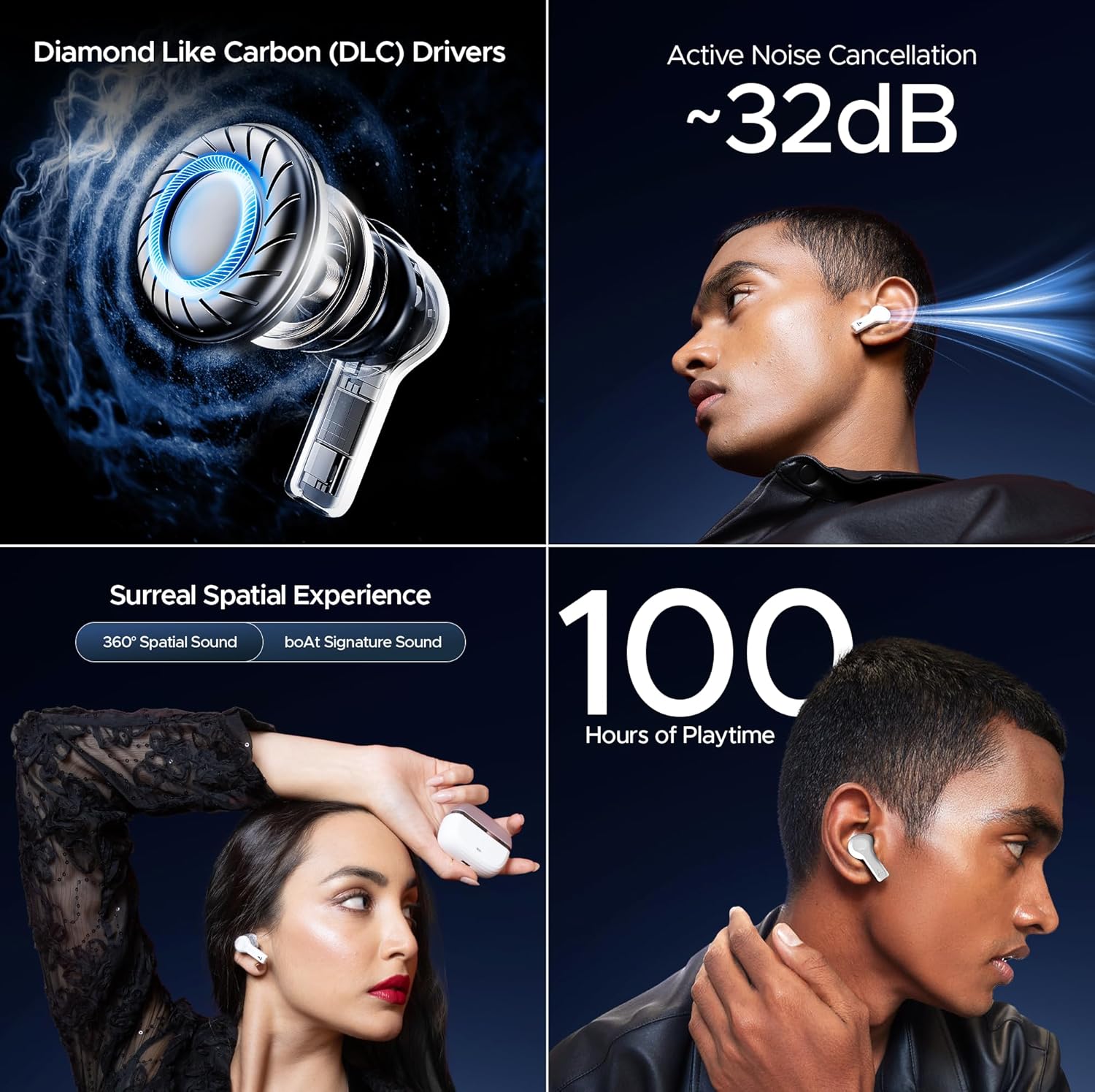 boAt Nirvana Space, 360 Spatial Audio, Active Noise Cancellation (~32dB), 100Hrs Battery,4Mics ENx, Fast Charge, v5.3 Bluetooth TWS in Ear Earbuds Wireless Earphones with mic (Celestial White)