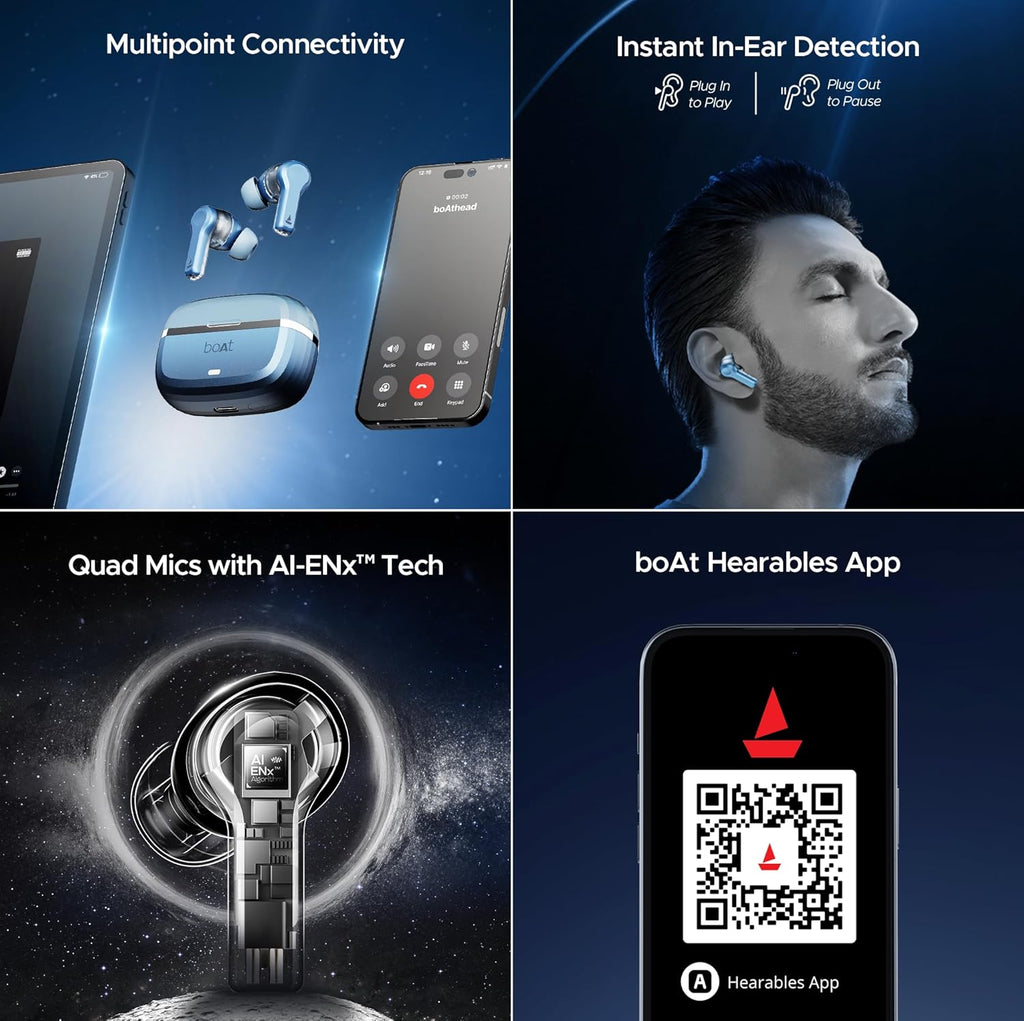 boAt Nirvana Space, 360º Spatial Audio, Active Noise Cancellation (~32dB), 100Hrs Battery,4Mics ENx, Fast Charge, v5.3 Bluetooth Earbuds, TWS Ear Buds Wireless Earphones with mic (Infinity Blue)