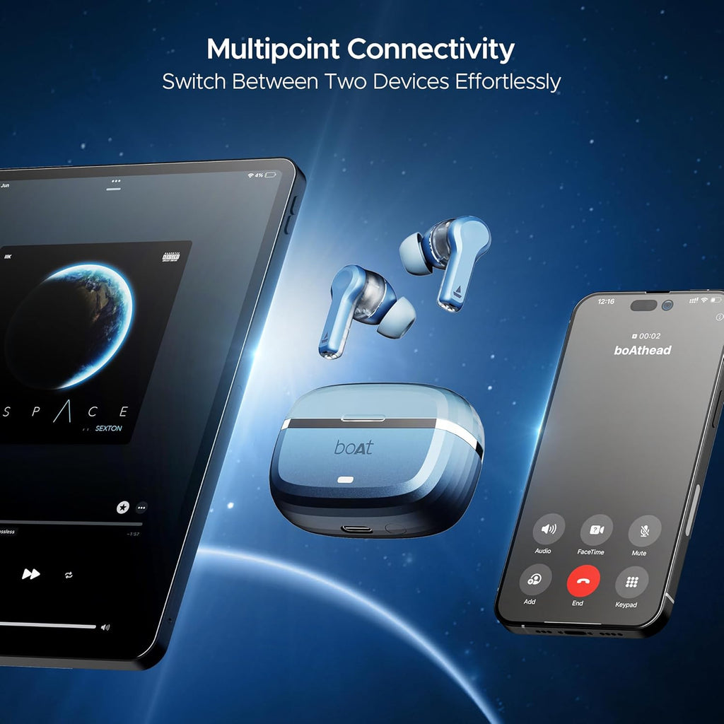 boAt Nirvana Space, 360º Spatial Audio, Active Noise Cancellation (~32dB), 100Hrs Battery,4Mics ENx, Fast Charge, v5.3 Bluetooth Earbuds, TWS Ear Buds Wireless Earphones with mic (Infinity Blue)