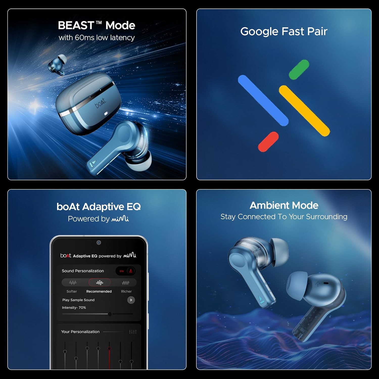 boAt Nirvana Space, 360º Spatial Audio, Active Noise Cancellation (~32dB), 100Hrs Battery,4Mics ENx, Fast Charge, v5.3 Bluetooth Earbuds, TWS Ear Buds Wireless Earphones with mic (Infinity Blue)