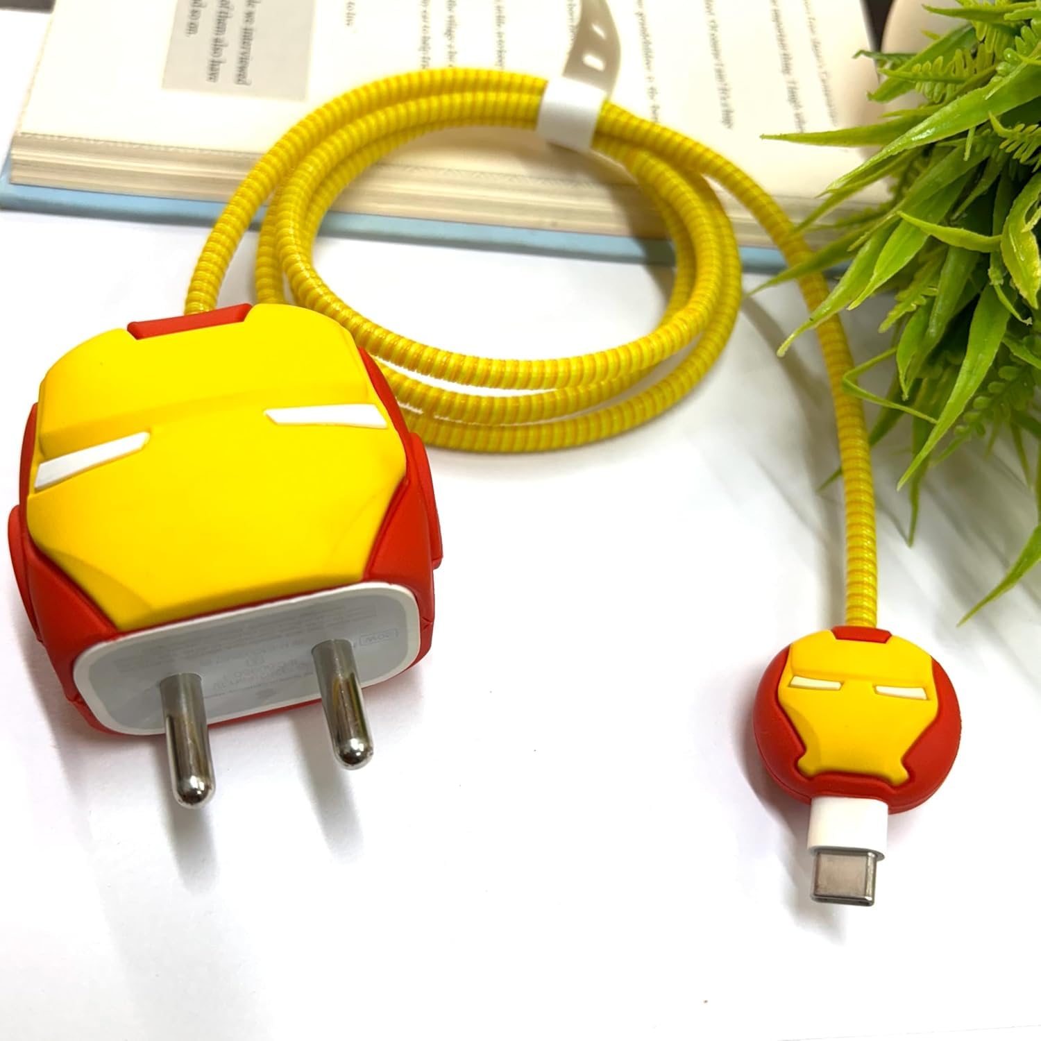 (Type-C)3D Cartoon Character Silicon Charger Case Cover Compatible with iPhone 18W/20W Power Adapter Charger with 360 Degree Protection with Cable Protector (Iron-Man)