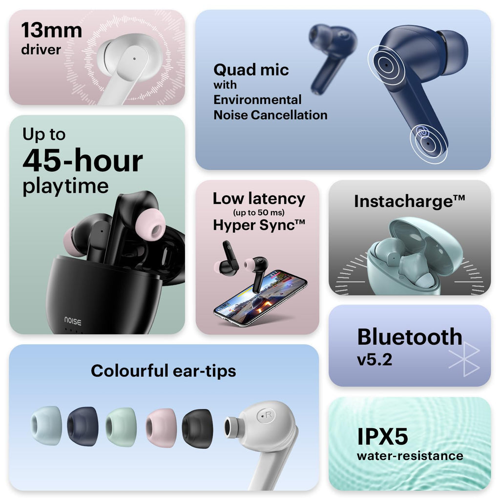 Noise Buds VS104 Truly Wireless Earbuds with 45H of Playtime, Quad Mic with ENC, Instacharge(10 Min=200 Min), 13Mm Driver, Low Latency, BT V5.2 (Midnight Blue)