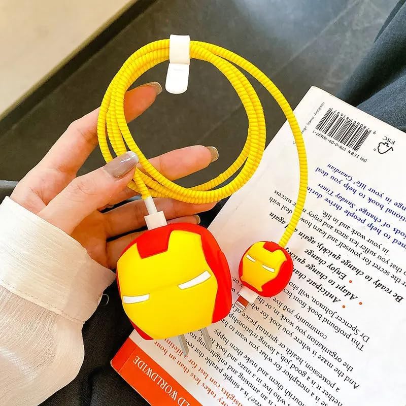 (Type-C)3D Cartoon Character Silicon Charger Case Cover Compatible with iPhone 18W/20W Power Adapter Charger with 360 Degree Protection with Cable Protector (Iron-Man)