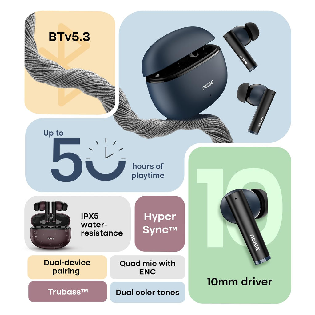 Noise Newly Launched Buds VS501 in Ear Truly Wireless Earbuds with 50H of Playtime, Quad Mic ENC, 10Mm Driver, Dual Device Pairing, Dual Color Tones, BT V5.3 (Plum Wine)