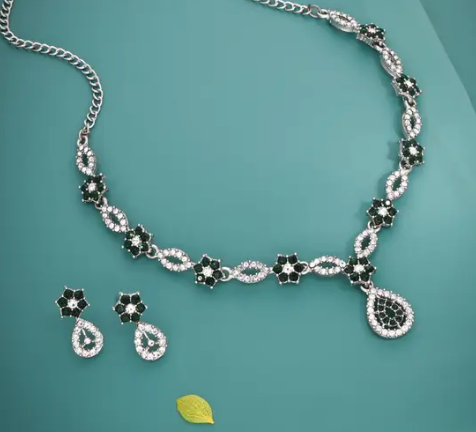 Brass Gold-plated Silver, White, Green Jewel Set  (Pack of 1)