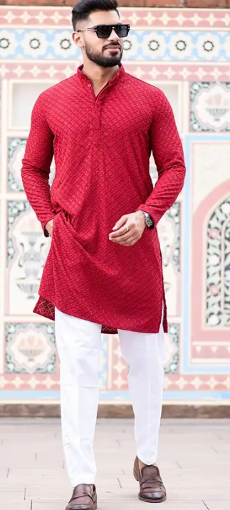 Stylish Worked Pure Cotton Kurta Pyjama Set For Men