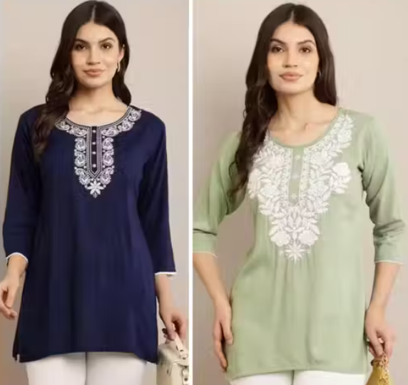 Short Kurta For Women Rayon Green and Blue Embroidery Short Kurtis Combo (Pack Of 2)