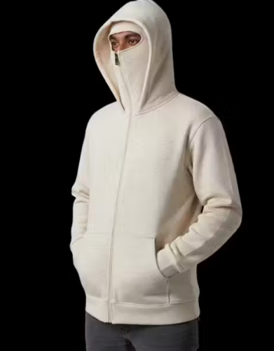Balaclava Hoodie 350 GSM | 100% Cotton Fleece Heavyweight Mask Hoodie for Men & Women | Winter Biker Hoodie | OffWhite