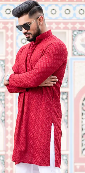 Stylish Worked Pure Cotton Kurta Pyjama Set For Men