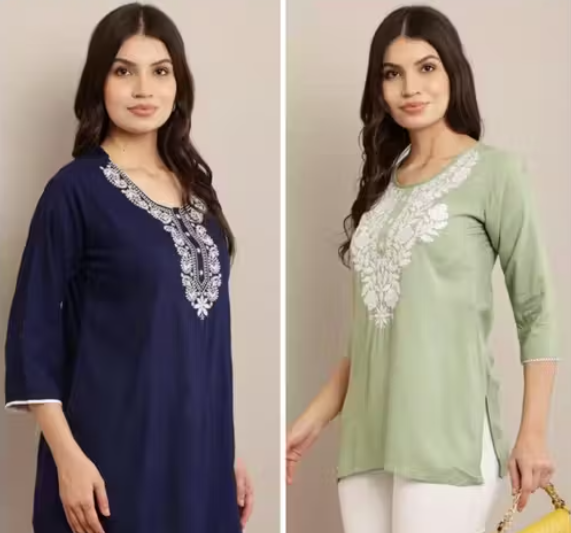 Short Kurta For Women Rayon Green and Blue Embroidery Short Kurtis Combo (Pack Of 2)