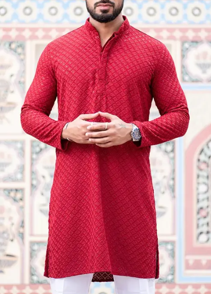 Stylish Worked Pure Cotton Kurta Pyjama Set For Men
