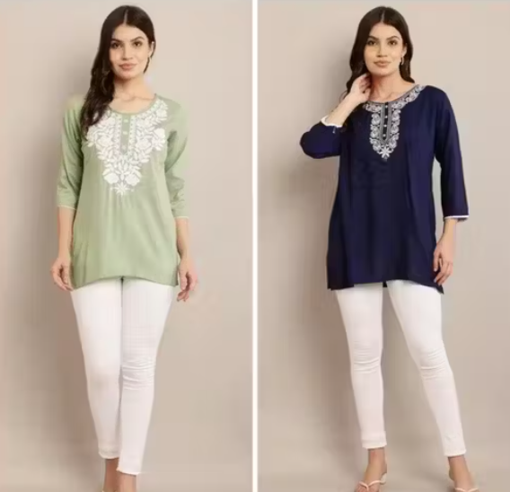 Short Kurta For Women Rayon Green and Blue Embroidery Short Kurtis Combo (Pack Of 2)