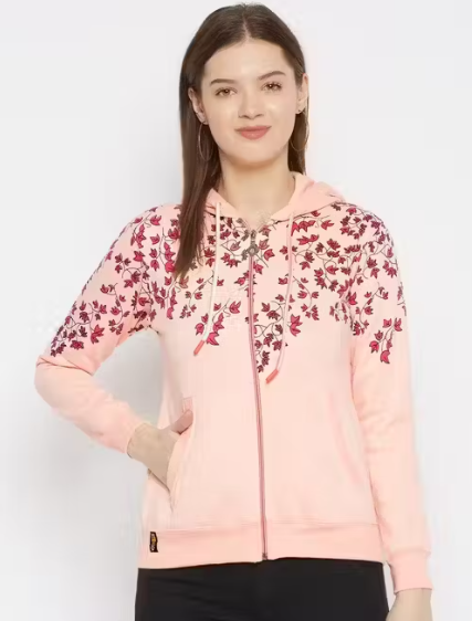 Women's Peach Printed Hooded Sweatshirt