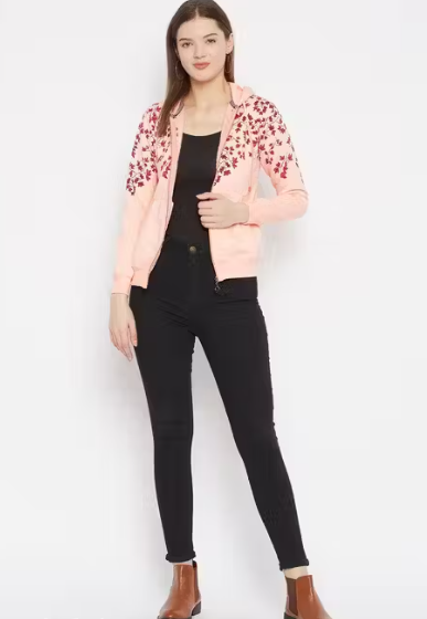 Women's Peach Printed Hooded Sweatshirt