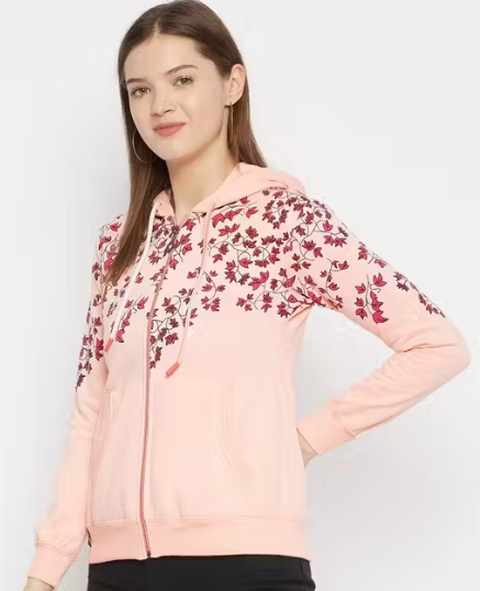 Women's Peach Printed Hooded Sweatshirt