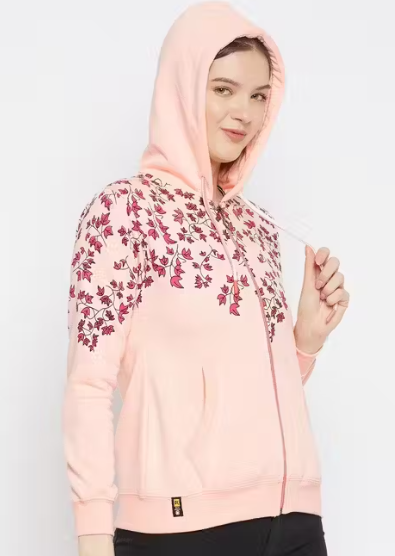 Women's Peach Printed Hooded Sweatshirt