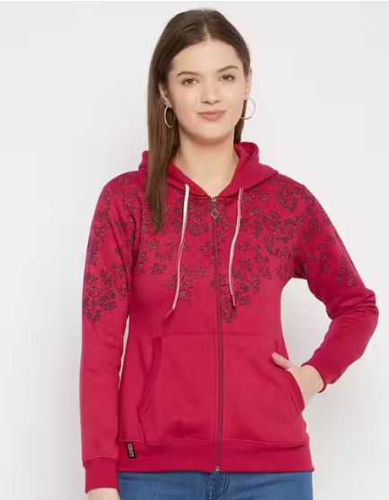 Women's Maroon Printed Hooded Sweatshirt