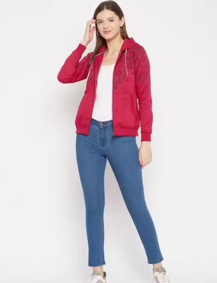 Women's Maroon Printed Hooded Sweatshirt