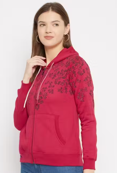 Women's Maroon Printed Hooded Sweatshirt