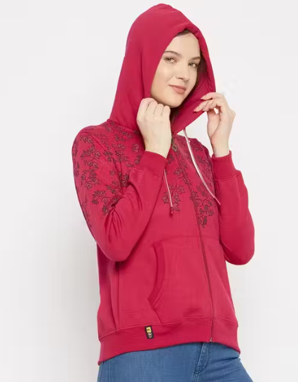Women's Maroon Printed Hooded Sweatshirt