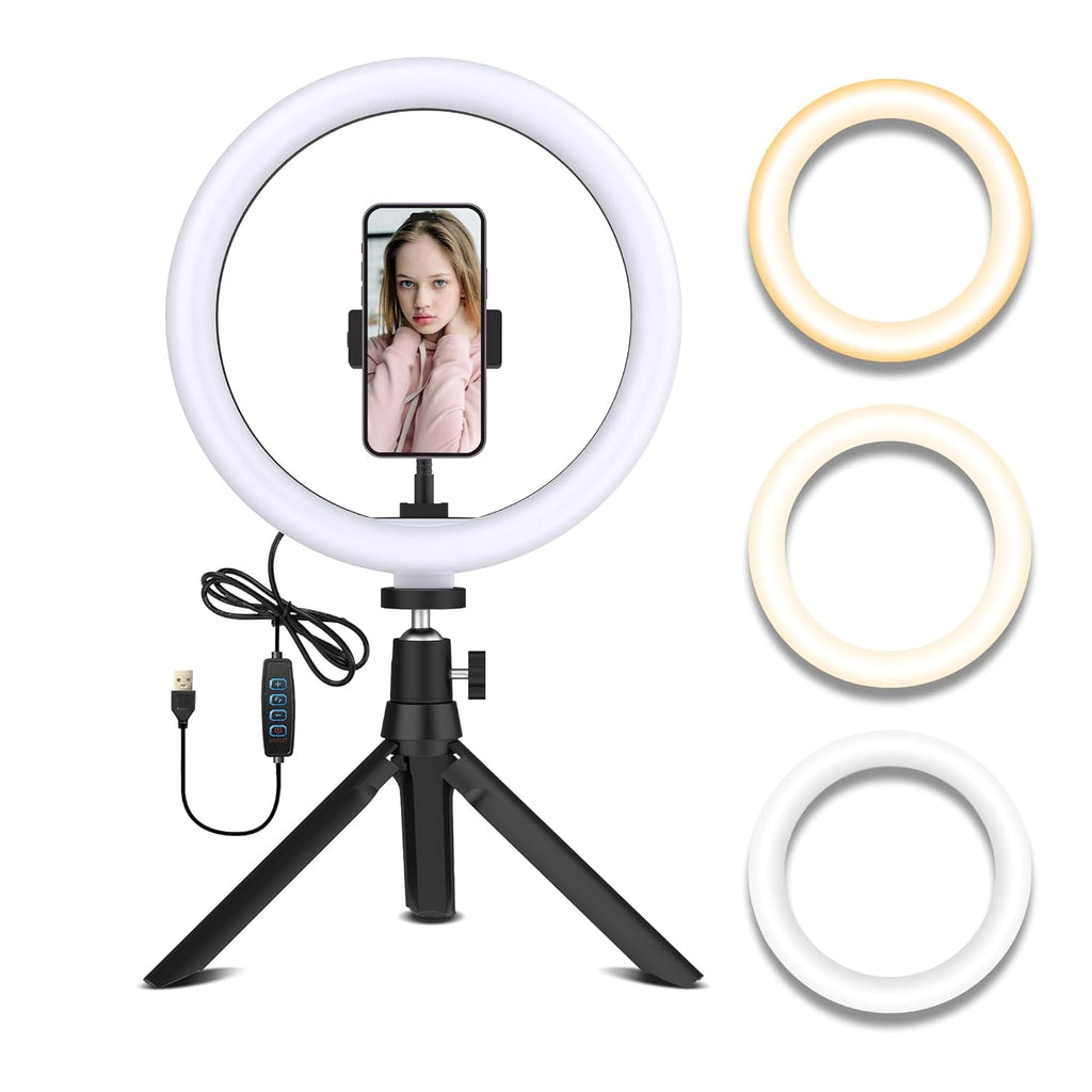 Tygot 12-Inch Ring Light with Adjustable Tripod Stand & Phone Holder, 3 Color Modes & 10 Brightness Levels, USB Powered LED Light for Makeup, YouTube, Photography, Zoom & Live Streaming