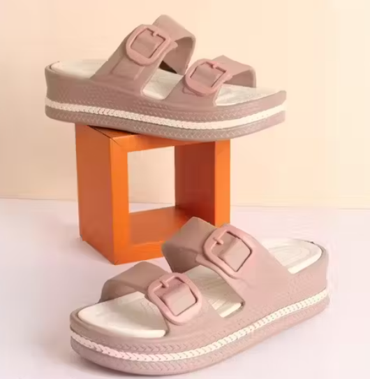 Casual Slip-On Buckle Slippers with Double Strap & Elevated Sole Comforts