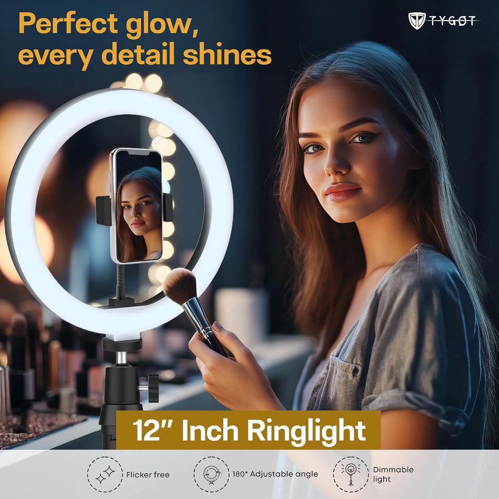 Tygot 12-Inch Ring Light with Adjustable Tripod Stand & Phone Holder, 3 Color Modes & 10 Brightness Levels, USB Powered LED Light for Makeup, YouTube, Photography, Zoom & Live Streaming