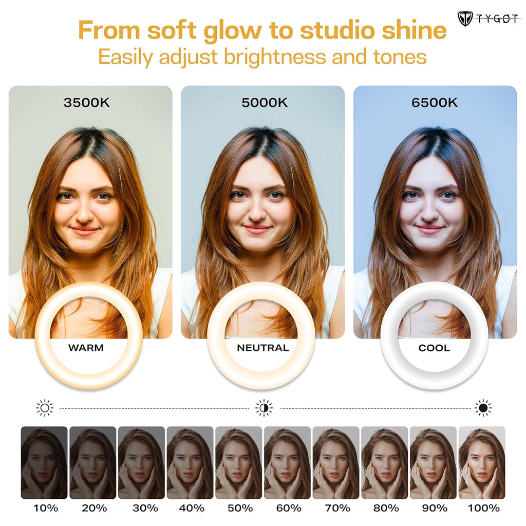 Tygot 12-Inch Ring Light with Adjustable Tripod Stand & Phone Holder, 3 Color Modes & 10 Brightness Levels, USB Powered LED Light for Makeup, YouTube, Photography, Zoom & Live Streaming