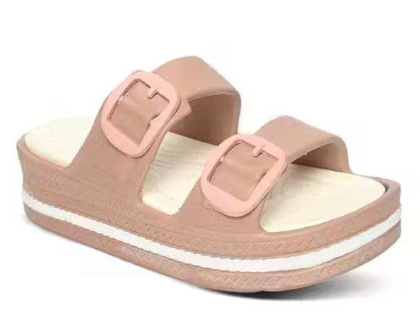 Casual Slip-On Buckle Slippers with Double Strap & Elevated Sole Comforts