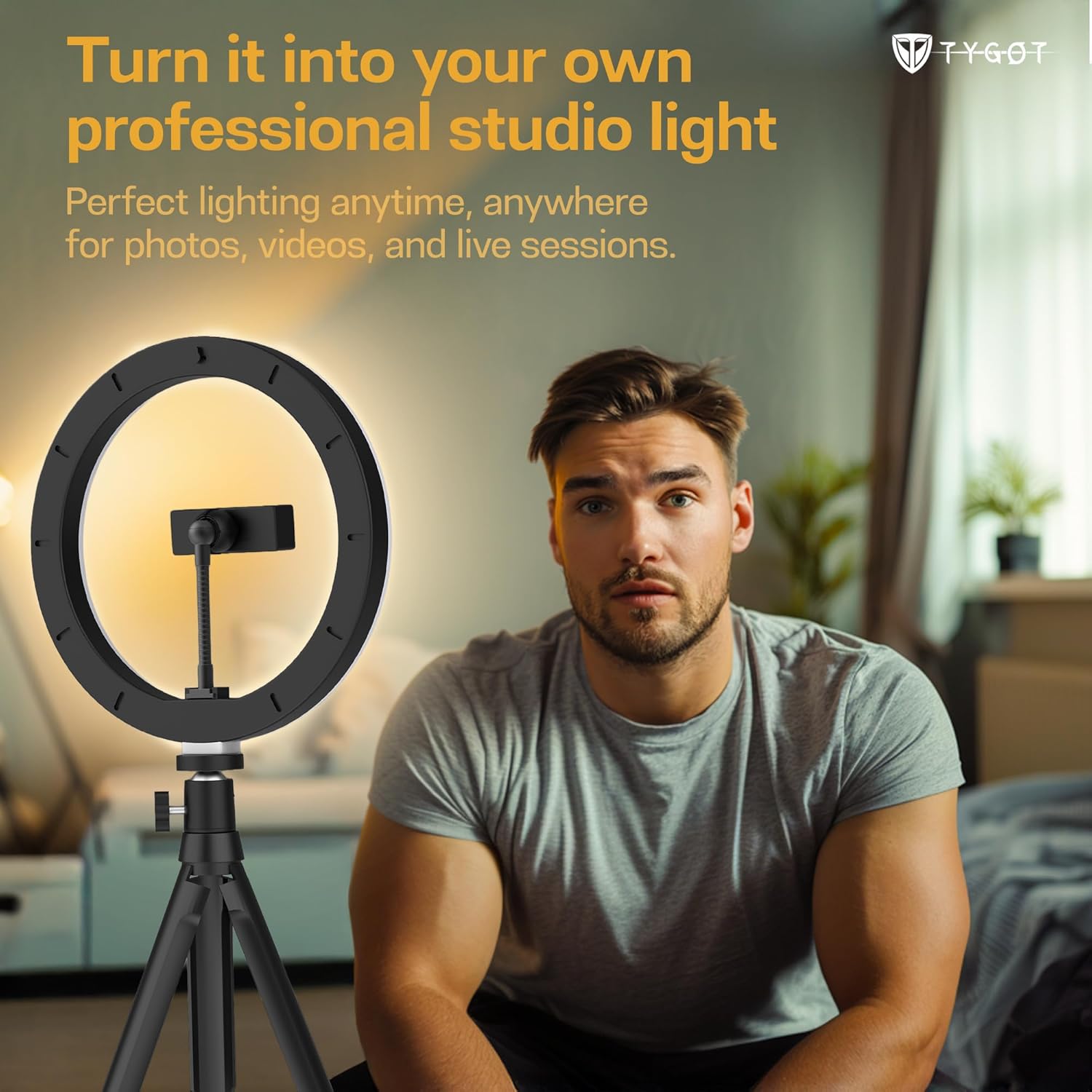 Tygot 12-Inch Ring Light with Adjustable Tripod Stand & Phone Holder, 3 Color Modes & 10 Brightness Levels, USB Powered LED Light for Makeup, YouTube, Photography, Zoom & Live Streaming