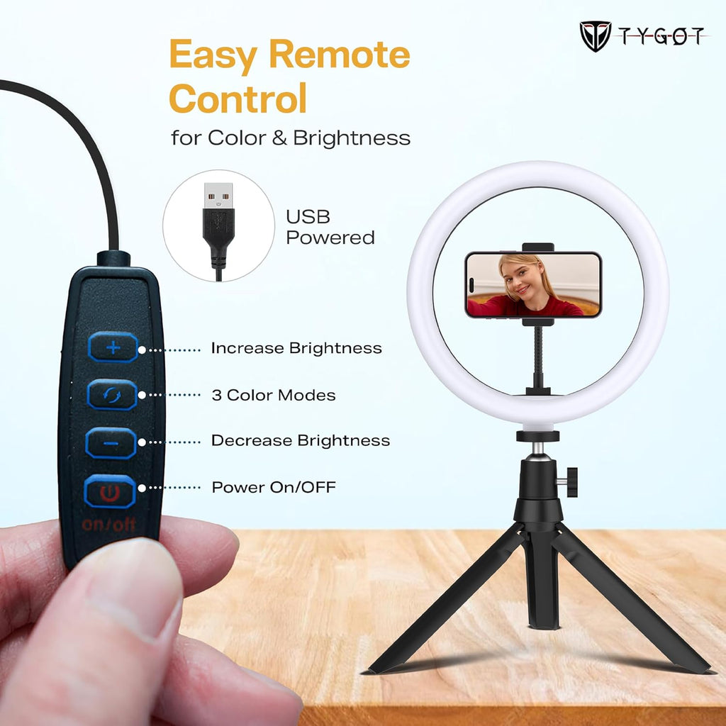 Tygot 12-Inch Ring Light with Adjustable Tripod Stand & Phone Holder, 3 Color Modes & 10 Brightness Levels, USB Powered LED Light for Makeup, YouTube, Photography, Zoom & Live Streaming