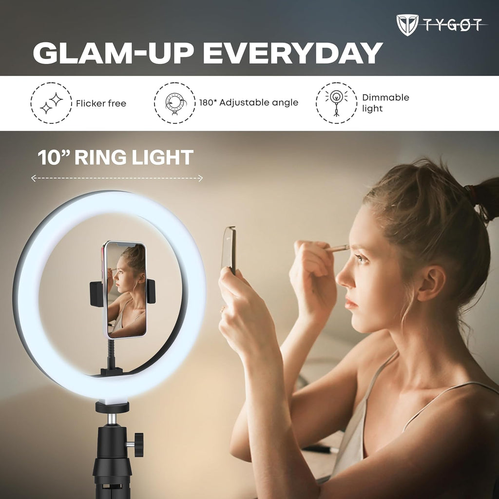 Tygot 10 Inches Ring Light with Tripod & USB, 3 Color Modes & 10 Brightness Levels, 360° Rotation Ring Light for Vlogging, Makeup, YouTube, Photoshoots, Live Streaming & Studio Lighting