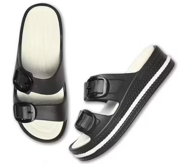 Casual Slip-On Buckle Slippers with Double Strap & Elevated Sole Comfort