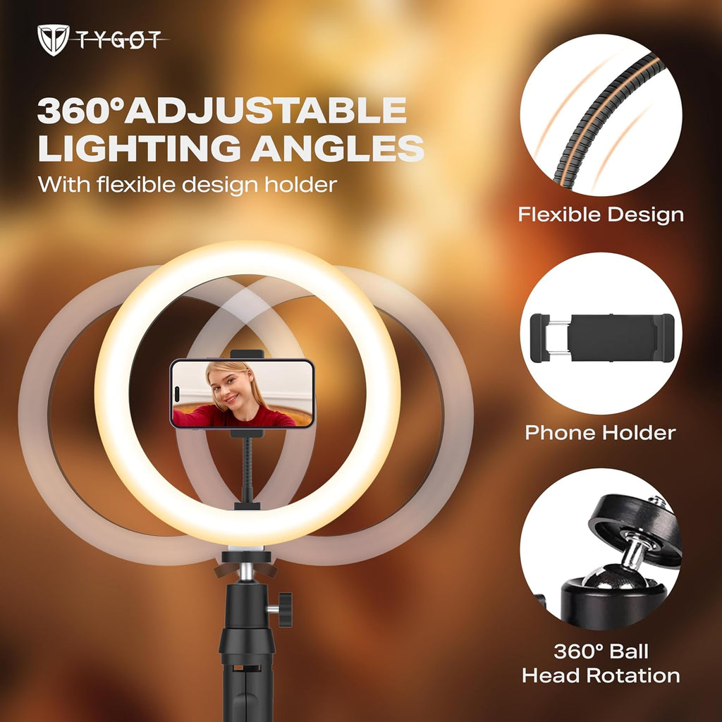 Tygot 10 Inches Ring Light with Tripod & USB, 3 Color Modes & 10 Brightness Levels, 360° Rotation Ring Light for Vlogging, Makeup, YouTube, Photoshoots, Live Streaming & Studio Lighting
