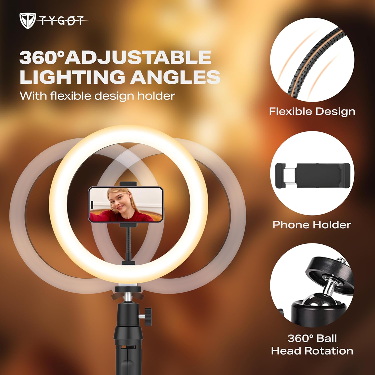 Tygot 10 Inches Ring Light with Tripod & USB, 3 Color Modes & 10 Brightness Levels, 360° Rotation Ring Light for Vlogging, Makeup, YouTube, Photoshoots, Live Streaming & Studio Lighting