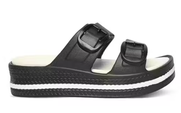 Casual Slip-On Buckle Slippers with Double Strap & Elevated Sole Comfort