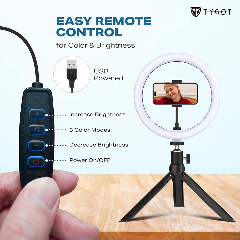 Tygot 10 Inches Ring Light with Tripod & USB, 3 Color Modes & 10 Brightness Levels, 360° Rotation Ring Light for Vlogging, Makeup, YouTube, Photoshoots, Live Streaming & Studio Lighting