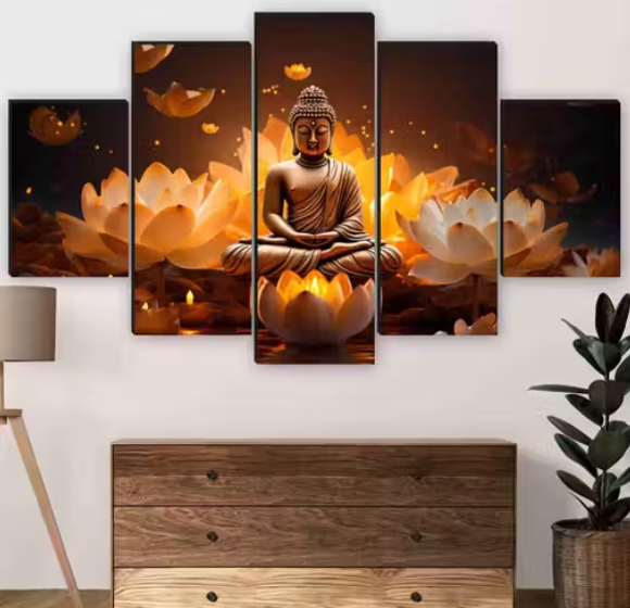 Buddha Paintings for Wall Decoration - Set Of Five, 3d modern art Painting for Living Room Large Size with Frames for Home Decoration, Hotel, Office 76.2 cm x 45 cm