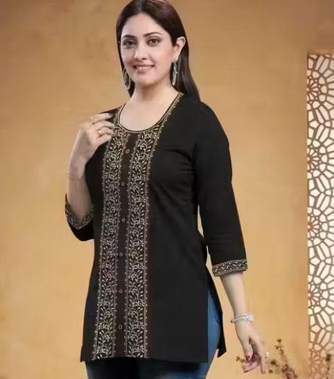 Women’s Stylish Black Cotton Embroidery Short Kurti For Women Short Black Embroidery Kurta Tops And Tunics