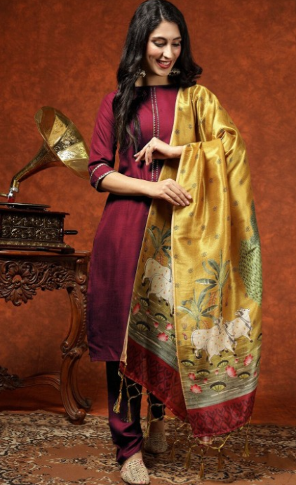 Kalini Women Straight Kurta Pant Set With Digital Print Dupatta