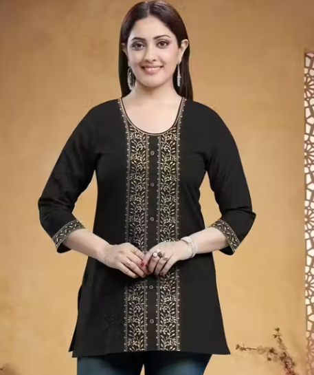 Women’s Stylish Black Cotton Embroidery Short Kurti For Women Short Black Embroidery Kurta Tops And Tunics