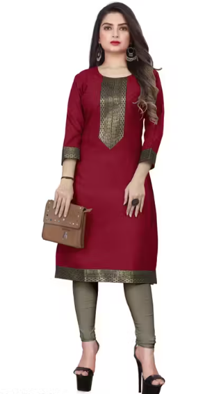 Desigener Kurtis New Collection Plain Cotton Golden Lace Border Pattern Casual Kurta for Girls & Women