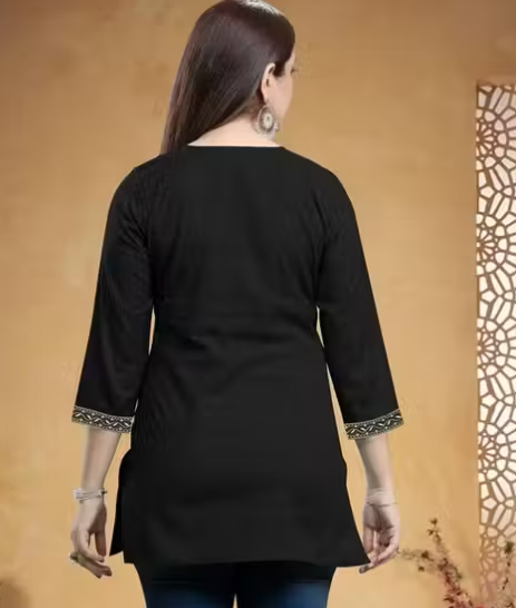 Women’s Stylish Black Cotton Embroidery Short Kurti For Women Short Black Embroidery Kurta Tops And Tunics