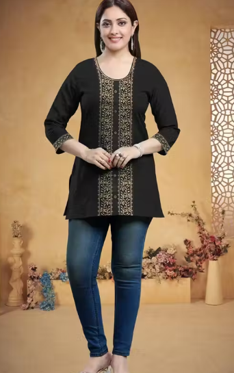Women’s Stylish Black Cotton Embroidery Short Kurti For Women Short Black Embroidery Kurta Tops And Tunics