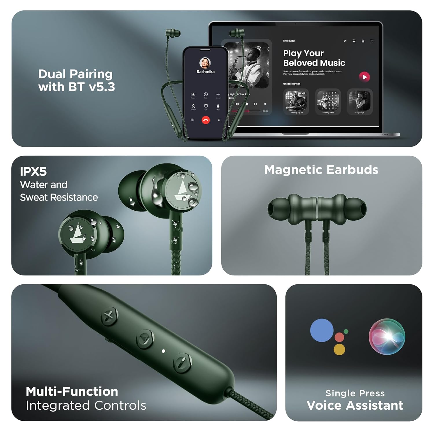 boAt Rockerz 110/Rockerz 109 Wireless in Ear Neckband with Up to 60 Hrs Playtime,Dual Device Pairing,Enx Tech,Beast Mode,ASAP Charging,Btv5.3,IPX5,Type-C Interface & Magnetic Power Buds(Fern Green)